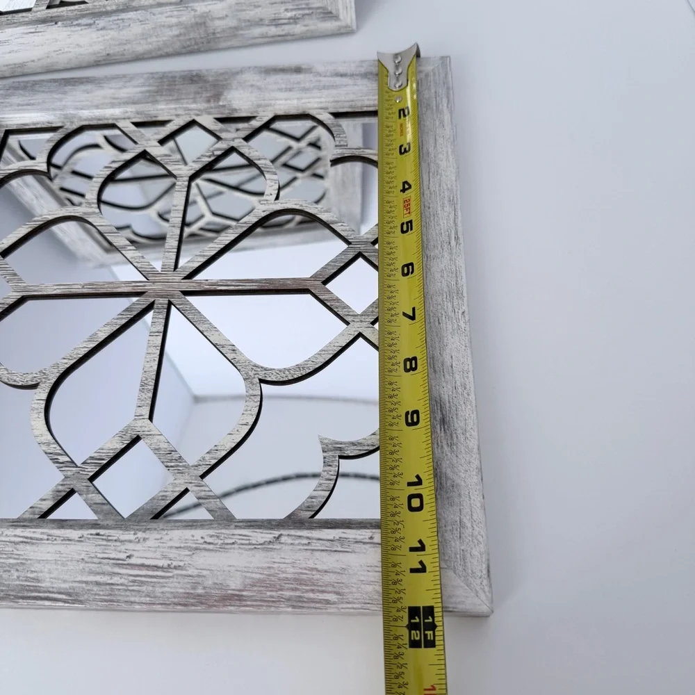 2 PCS Square Wall Mirror Gorgeous Rustic 12x12 in Barn Wood Carved Floral design